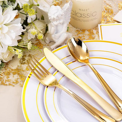 bUCLA 300PCS Gold Disposable Dinnerware Set - White and Gold Plastic Plates - Include 50 Each (Dinner&Dessert) Plates,50 Knives,50 Forks,50 Spoons,50 Cups for Party