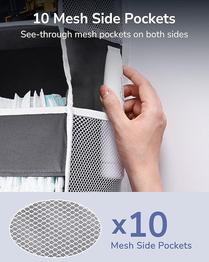 ULG 1 Pack Over Door Organizer with 5 Large Pockets 10 Mesh Side Pockets, 44 lbs Weight Capacity Hanging Storage Organizer with Clear Window Kids Toys, Shoes, Diapers, Dark Grey, 5 Layers