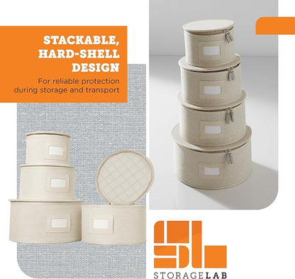 storageLAB China Storage Containers, Hard Shell Case with Felt Dividers for Charger Plates, and Dishes, Ideal for Kitchen Organization, Moving Supplies, and Fine China Storage - 4-Piece Set, Cream
