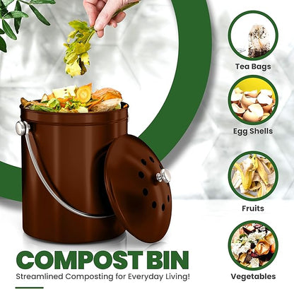 Utopia Kitchen Compost Bin for Kitchen Countertop, 1.3 Gallon Compost Bin for Kitchen with Lid, Includes 1 Spare Charcoal Filter (Copper)