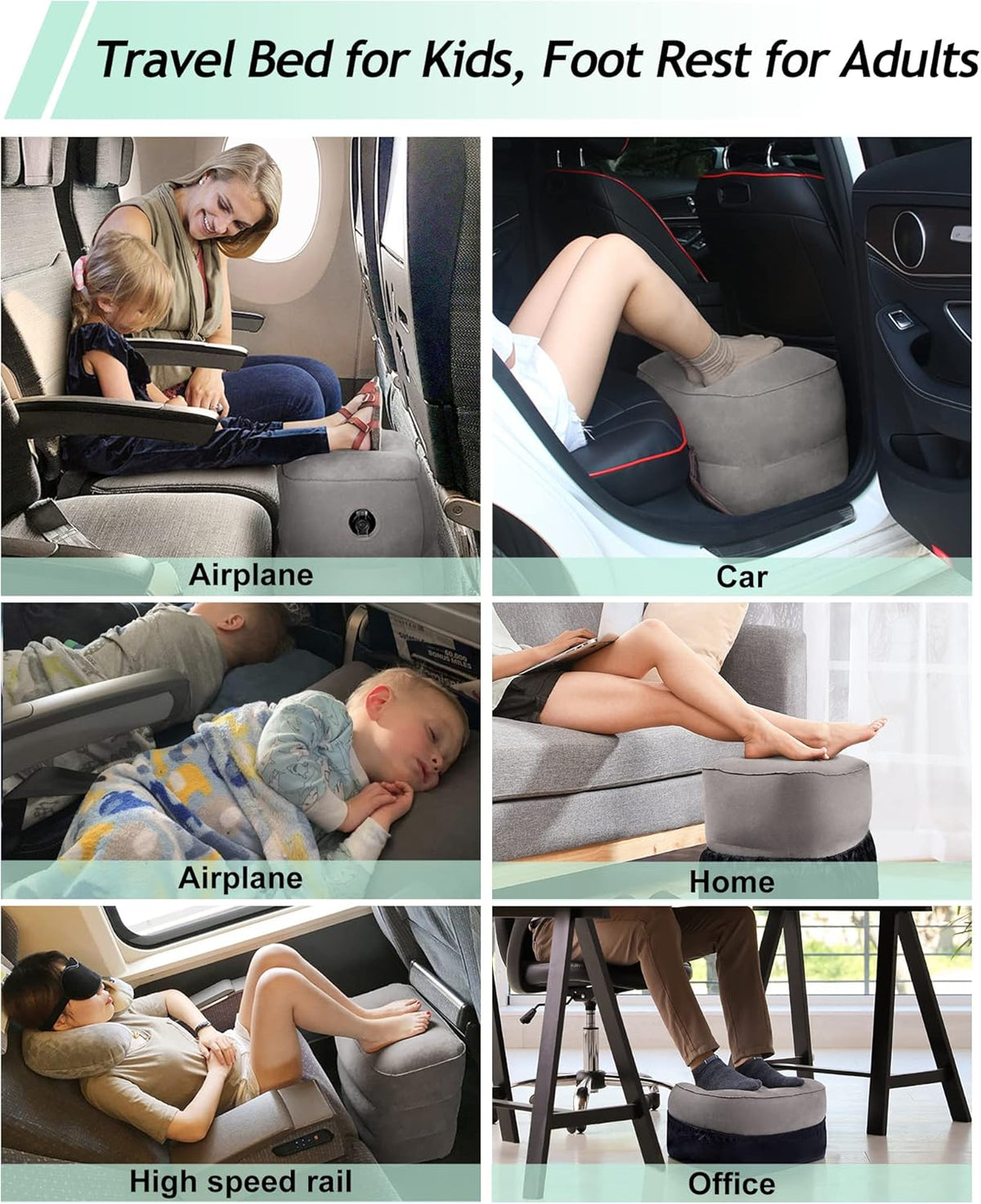 JefDiee Inflatable Foot Rest Pillow, Kids Airplane Bed, Adjustable 3 Layers Height Leg Rest Pillow, Airplane Travel Essentials Great for Office, Home, Trains, Cars
