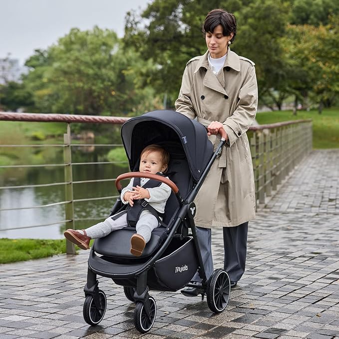 Tinyiota Baby Stroller, Infant Stroller with Large UPF 50+ Canopy,Luxury Pram Strollers with Leather Handle & Spacious Seat, One-Hand Foldable Pushchair, Toddler Carriage with Lie-Flat Mode(Black)