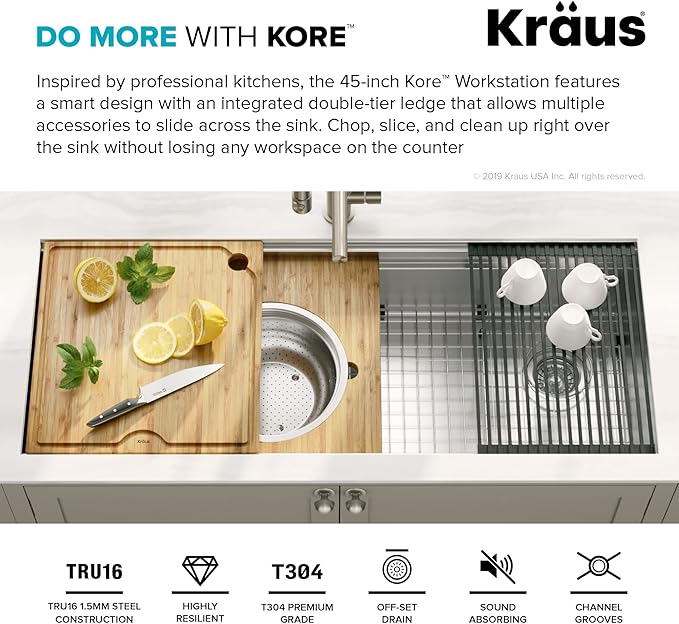 KRAUS Kore Workstation 45-inch Undermount 16 Gauge Stainless Steel Kitchen Sink, Single Bowl Kitchen Sink with Accessories, KWU120-45