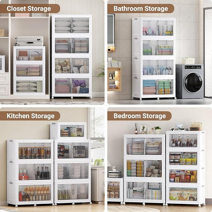 BROVIEW 52.7"H 150Gal Plastic Storage Bins with Lid & Wheels,3Pack Extra Large Stackable Storage Bins with Dividers,Closet Organizers and Storage Cabinet Collapsible Box Shelves for Home Kitchen,White