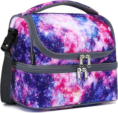 FlowFly Double Decker Cooler Insulated Lunch Bag Large Tote for Boys, Girls, Men, Women, With Adjustable Strap,Galaxy