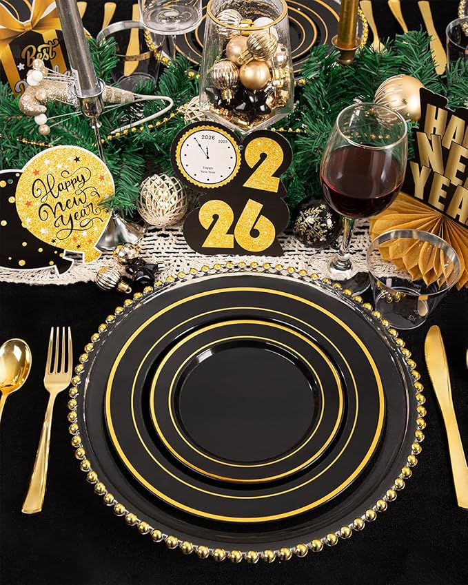 bUCLA 300PCS Black and Gold Disposable Dinnerware Set - 50 Guests Black Plastic Plates with Gold Rim Include 50 Dinner / 50 Dessert Plates, 50 Forks,50 Knives,50 Spoons&50 Cups for Party&New Year