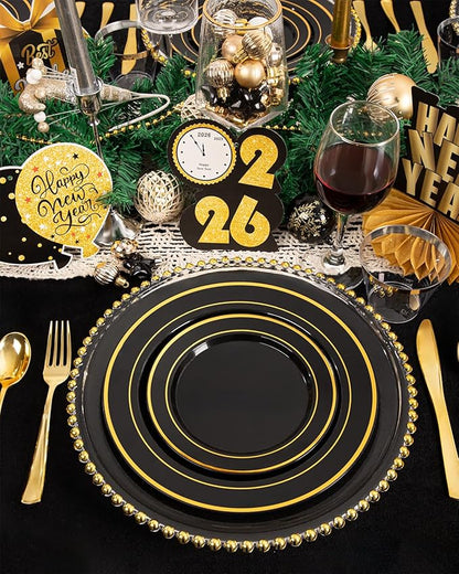 bUCLA 300PCS Black and Gold Disposable Dinnerware Set - 50 Guests Black Plastic Plates with Gold Rim Include 50 Dinner / 50 Dessert Plates, 50 Forks,50 Knives,50 Spoons&50 Cups for Party&New Year