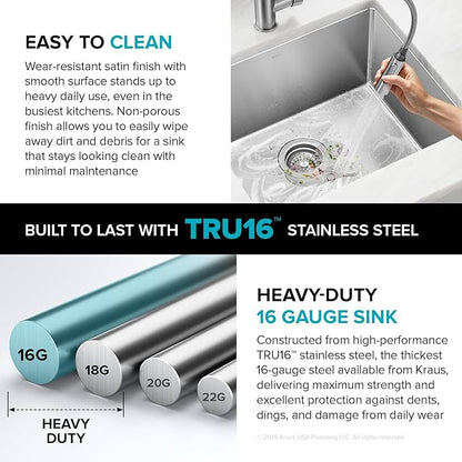 Kraus KHU101-21 Standart PRO 16 Gauge Undermount Single Bowl Set (4 Item Bundle: Sink, Bottom Grid, Drain Assembly, Kitchen Towel), 21 Inch, Stainless Steel