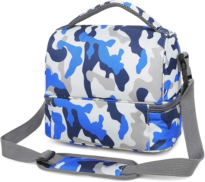 FlowFly Kids Double Decker Cooler Insulated Lunch Bag Large Tote for Boys, Girls, Men, Women, With Adjustable Strap, Blue Camo