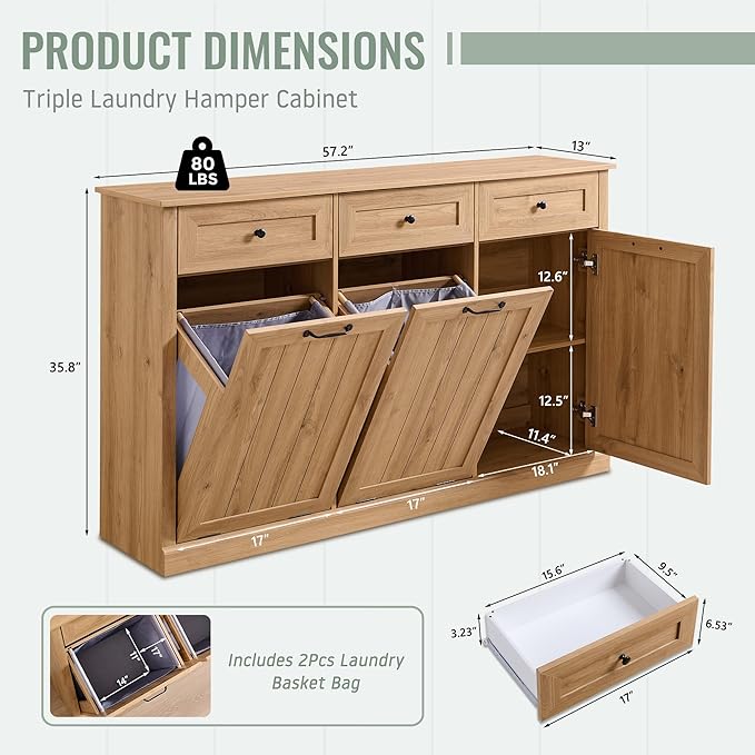 Triple Tilt Out Laundry Hamper Cabinet, 20 Gallon Farmhouse Trash Can Cabinet w/Drawer & Adjustable Shelf, Hidden Garbage Can Bin Cabinets w/Laundry Basket for Bathroom, Kitchen (Natural)