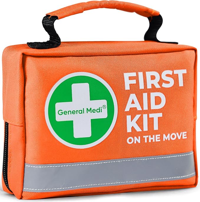 General Medi First Aid Kit - 150 Pieces Small Compact First Aid Kit Bag - Includes Instant Cold Pack, Emergency Blanket for Travel, Home, Office, Vehicle, Camping（Orange）