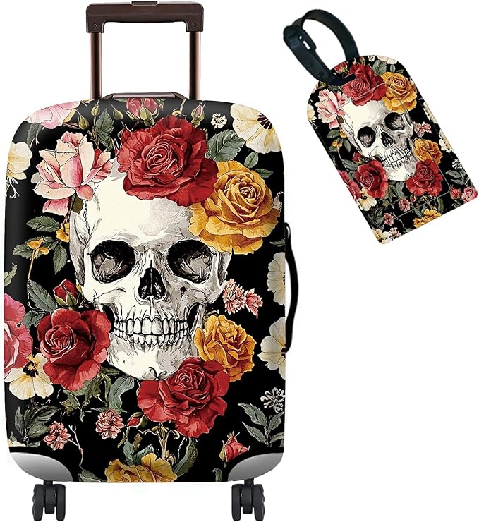 Luggage Cover Plus - Sugar Rose Skull Travel Suitcase Cover for 18-20 inch Luggage (S) with Concealed Zipper, Washable Elastic Cloth, Dustproof, Anti-Scratch