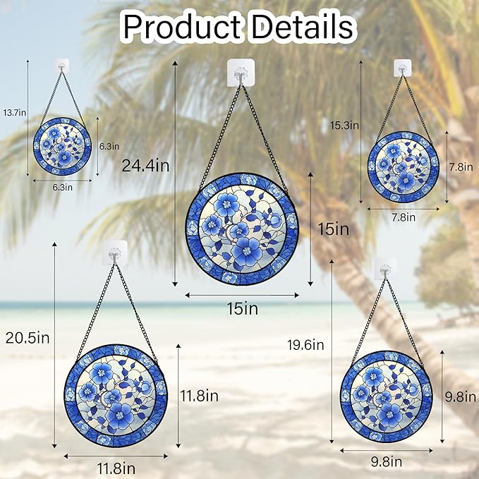 Stained Glass Window Hanging, Blue and White Plum Blossom Sun Catcher for Door Home Decor Flowers Suncatcher Christmas Mother's Day Birthday Gifts for Women Men Mom and Nana 11.8 in