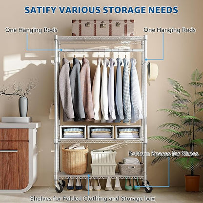 Heavy Duty Rolling Garment Rack 3 Tiers Adjustable Wire Shelving Clothes Rack with Rods and Side Hooks,Storage Closet Clothing Rack with Wheels White 15.7" D x 29.5" W x 74.5" H