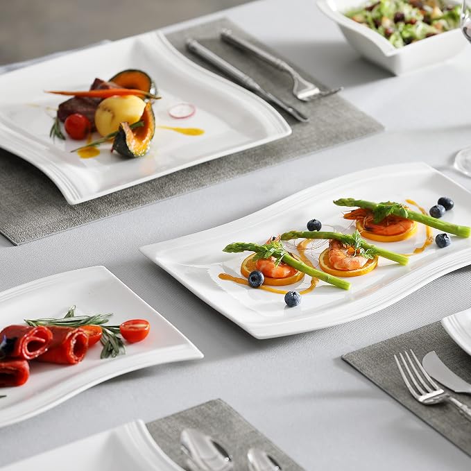 MALACASA Plates and Bowls Sets, 26 Pieces Ivory White Porcelain Dinnerware Sets