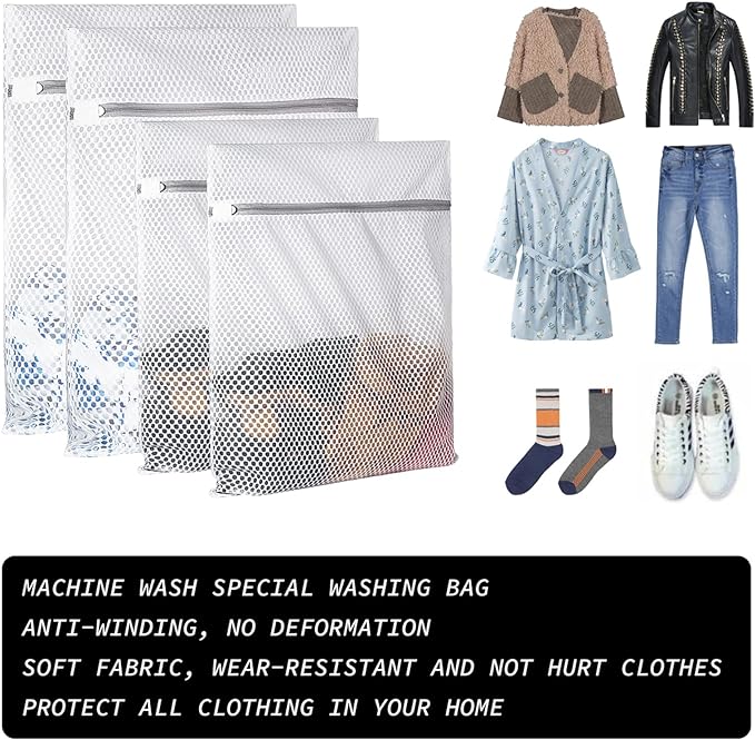 Extra Large Honeycomb Mesh Laundry Bag125gsm Net Fabric Durable and Reusable Delicate Wash Bag,Travel Organization Bag for Lingerie,Clothes,Jeans,Bath Towel,Sock (Set of 4(2L+2XL))