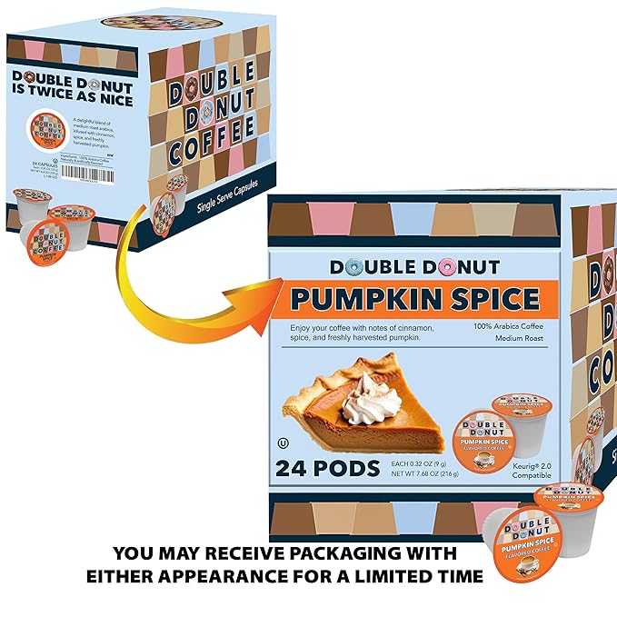 Double Donut Coffee Pumpkin Spice Coffee Pods, Single Serve Coffee for Keurig K Cups Machines, Medium Roast Pumpkin,24 Count