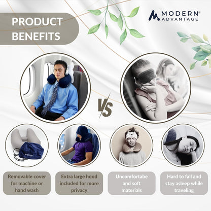 Modern Advantage Inflatable Travel Pillow for Airplanes – Hooded Neck Pillow with Adjustable Support – Comfortable, Compact & Travel-Friendly – Perfect for Sleeping on Long Flights (Blue)