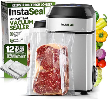 InstaSeal Vacuum Sealer for Food with 12 Bags, Preserves Foods 5x Longer, Space Saving Compact Upright Design Allows Machine to Seal Marinades, Soups, Meats for Sous Vide Cooking, Vegetables