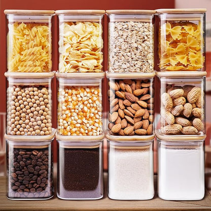 Square Glass Jars with Bamboo Lids 17 FL OZ [Set of 12], Glass Canisters with Airtight Lids, Glass Food Storage Containers for Spice, Sugar, Tea, Candies, Cookies, Best for Kitchen & Pantry