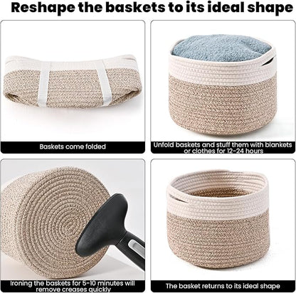 Small Storage Baskets for Organizing, Organizer Baskets for Shelves, Small Woven Basket for Storage, Cute Brr Basket for Gifts Empty, 9.7"×9.7"×7" (3 Packs) Off White & Brown