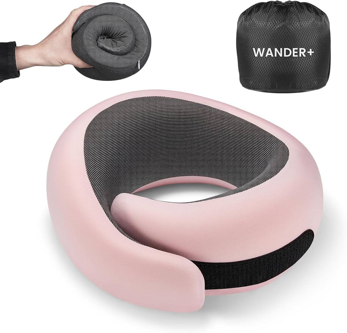 WANDER PLUS® Genuine Travel Pillow, 100% Pure Memory Foam Neck Pillow for Airplanes, Comfortable Breathable Cover, 360° Support Stowable Pillows for Sleeping, Car, Airport Travel Essentials Pink