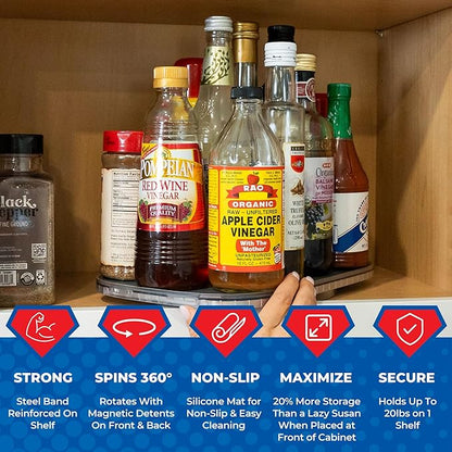 Mighty Susan Sidekick Steel-Reinforced Rotating Cabinet Organizer - Rectangular Turntable for Tall Bottles & Bulk Storage - Holds Up to 30 lbs with Non-Slip Mat - Perfect for Kitchen and Pantry