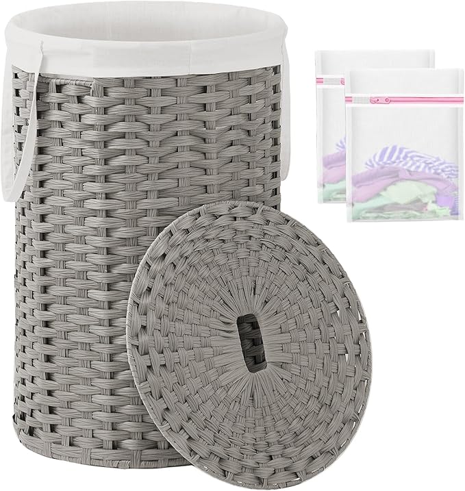 Large Laundry Hamper Laundry Basket Round 34.3 Gal (130 L) Handwoven Wicker Laundry Baskets Rattan Laundry Basket with Laundry Bag Handles 2 Mesh Bags for Living Room Bedroom Gray