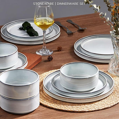 Onader Dinnerware Dishes Sets for 8, Stoneware Plates and Bowls with Unglazed Terracotta Bottom, Ceramic Kitchen Dinner Dish Set, 24 Piece - Glacier White