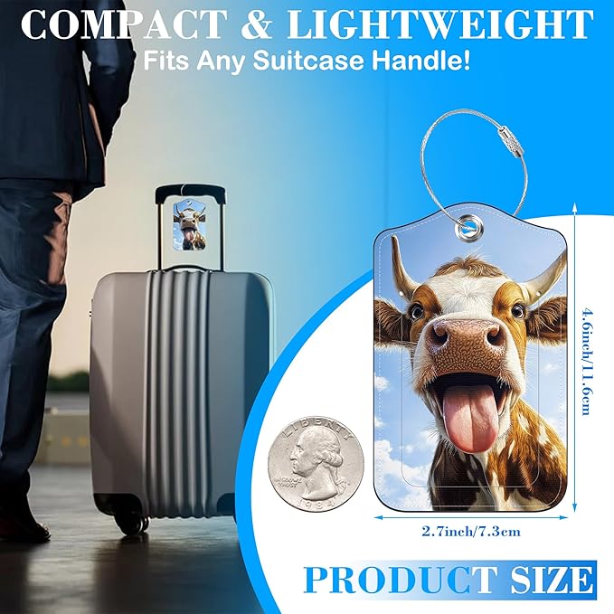 Cute Cow Sticking Out Tongue Luggage Tags for Suitcases Leather Travel Tags for Luggage ID Label with Privacy Cover and Stainless Steel Loop for Men Women Suitcase Backpack, Set of 2