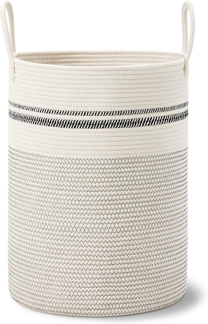 VIPOSCO Large Laundry Hamper, Tall Woven Rope Storage Basket for Blanket, Toys, Dirty Clothes in Living Room, Bathroom, Bedroom - 100L Stripe White
