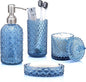 Blue Bathroom Accessories Set, 4Pcs Clear Glass Bathroom Accessory Set, Lotion Soap Dispenser, Toothbrush Holder Set, Soap Dish, Qtip Holder for Vintage Crystal Bath Decor, Light Blue