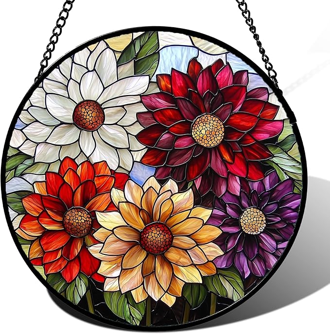 Stained Glass Window Hanging, Colorful Flowers Sun Catcher for Window Door Home Decor Plant Suncatcher Christmas Mother's Day Birthday Gifts for Women Men Mom and Nana 11.8 in
