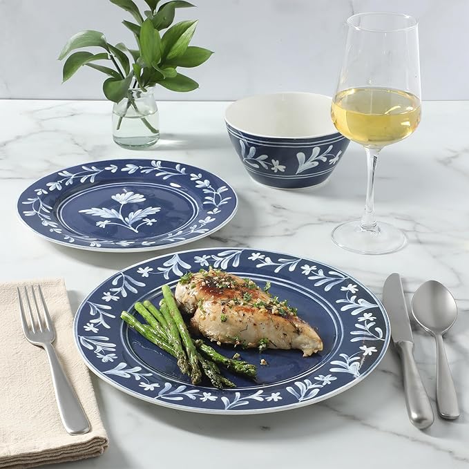 Martha Stewart Maiden Crown 12-Piece Sky Blue Dinnerware Set – Vegan Bone China Ceramic Plates & Bowls – Floral Design – Service for 4 – Microwave & Dishwasher Safe
