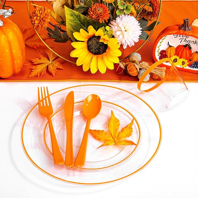 SUT 350Pcs Orange and Clear Plastic Dinnerware Set