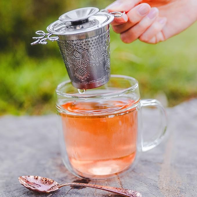 Premium Stainless Steel Tea Infuser Basket Gift Set - Gold Plated Loose Leaf Tea Steeper with Floral Engraved Lid, Stand & Fine Mesh Filter | Best Tea Strainer for Tea Lover