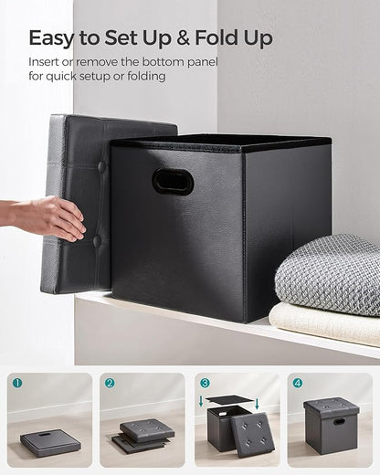 SONGMICS Mazie Collection - 15 Inches Ottoman with Storage, Footstool, Storage Ottoman with Metal Grommet Handles, Load 660 lb, for Dorm, Living Room, Bedroom, Synthetic Leather, Dark Gray ULSF030G01