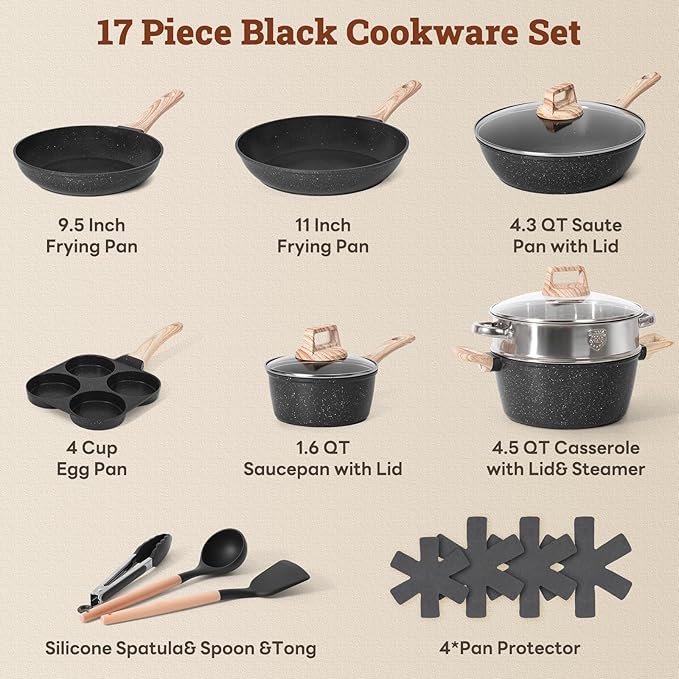 17 Pcs Pots and Pans Set Non Stick Kitchen Cookware Sets Nonstick Induction Cookware Non-toxic Black Granite Cooking Tools with Stay-Cool Handles, Pot Protectors (PFOS/PFOA Free)