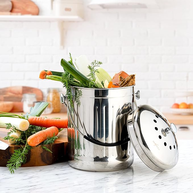 RED FACTOR Premium Compost Bin for Kitchen Countertop - Stainless Steel Food Waste Bucket with Innovative Dual Filter Technology - Includes Spare Filters (Brilliant Steel, 1.3 Gallon)