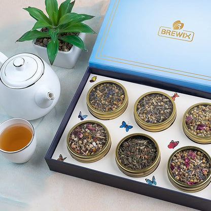 BREWIX, Discover Calm Premium Herbal Tea Christmas Gift Box (3.53oz/50+ Cups) | Tea Gift Sets For Tea Lover | 6 Unique Herbal Teas | Best for Birthdays, Anniversaries & Holidays