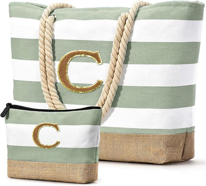 Becokan Beach Bag Initial Beach Tote with Makeup Bag for Travel Work Storage Personalized Birthday Gifts for Women Her