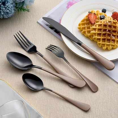 20-Piece Black Silverware Set 18/0 Stainless Steel Silverware Set Brown Handle Cutlery Set Service for 4 Dinner Knives Forks Spoons Set Flatware Set Finish Dishwasher Safe