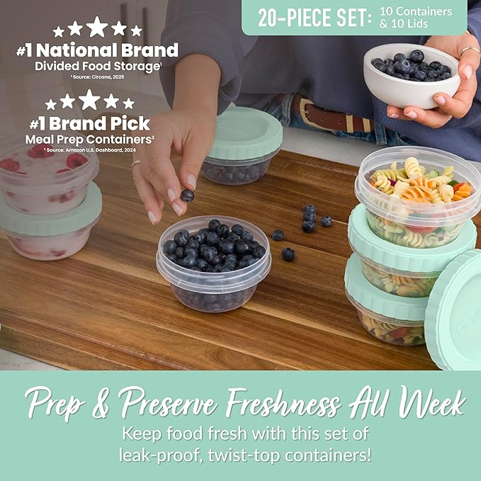 Bentgo Prep - 20 Piece 8 fl oz Leak-Proof Deli Containers with Lids, Food Storage for Meal Prep, Twist-Top, Reusable, PFAS & BPA-Free, Stackable, Microwave, Freezer, & Dishwasher Safe (Honeydew)