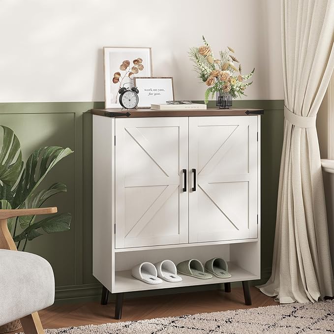 Vabches Farmhouse Shoe Storage Cabinet with Doors, 5 Tier Small Shoe Cabinet with Adjustable Shelves and Metal Legs, 34" Tall Shoe Rack Organizer for Entryway, Foyer, White
