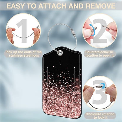 2 Pcs Rose and Gold Glitter Luggage Tags for Suitcases PU Leather Baggage Tags Name ID Label with Privacy Cover and Stainless Steel Loop for Men Women Travel Bag Suitcase