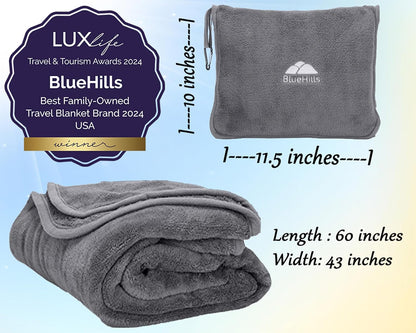 BlueHills Premium Soft Travel Blanket Pillow Airplane Flight Blanket Throw Bag Pillowcase Compact Large 2 in 1 Combo Warm Traveling Plane Essentials Portable Gifts Lightweight Grey Gray T007