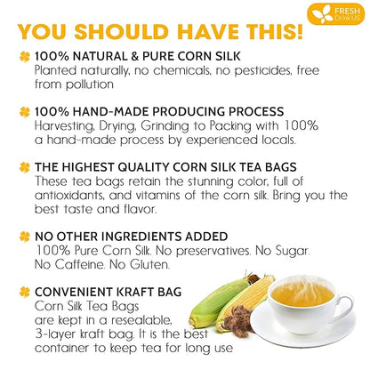 FreshDrinkUS, Premium 40 Tea Bags Corn Silk Tea, 100% Natural & Pure from Corn Silk. Herbal Tea. Clean Ingredients. Made with Natural Material Tea Bags. No Sugar, No Caffeine, Vegan.