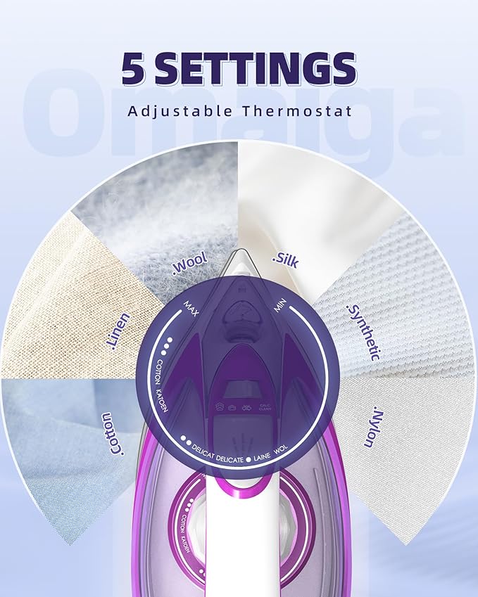 Steam Iron for Clothes, 1750W Iron with Rapid Heating, Non-Stick Ceramic Soleplate, Powerful Steam, Self-Cleaning, Auto-Off, Anti-Drip, 15.21oz Water Tank Ironing Clothes for Home, Purple