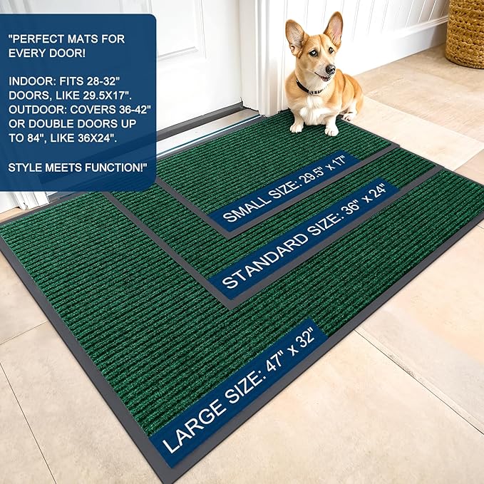 OLANLY Front Door Mat Indoor Outdoor Entrance, Waterproof Heavy Duty Doormat, Fade Resistant, Low Profile, Easy Clean Patio Porch Welcome Floor Mats for Entry, 29.5x17, Green