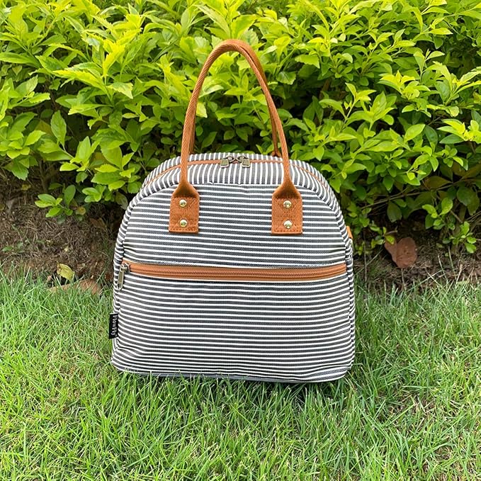 FlowFly Insulated Lunch Bag With Shoulder Strap for Women, Men, and Kids, Large and Reusable, Handle, Freezable Work and School Travel Tote and Meal Prep Organizer,White and Black Stripes